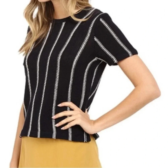 Theory Emmeris Ibisco Striped Boxy Crochet Knit Sweater Size M Short Sleeve - Picture 2 of 12